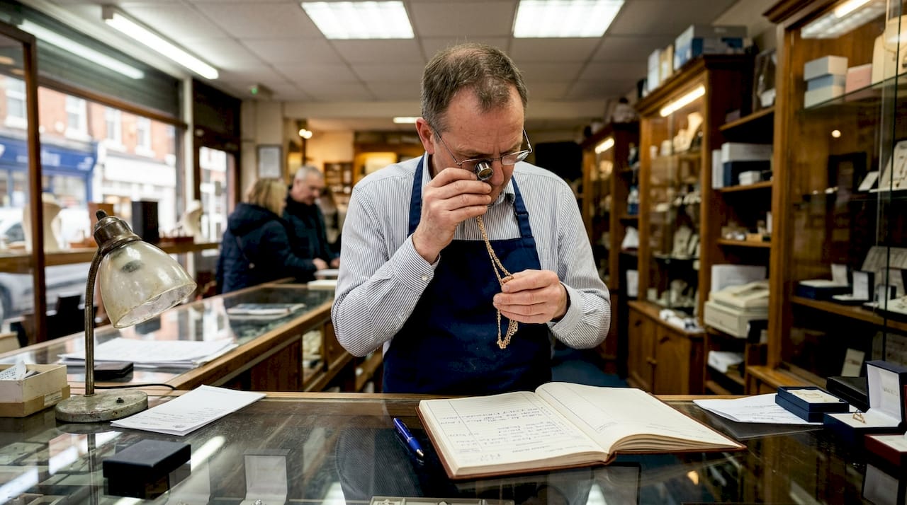 Jeweller examining gold in traditional shop