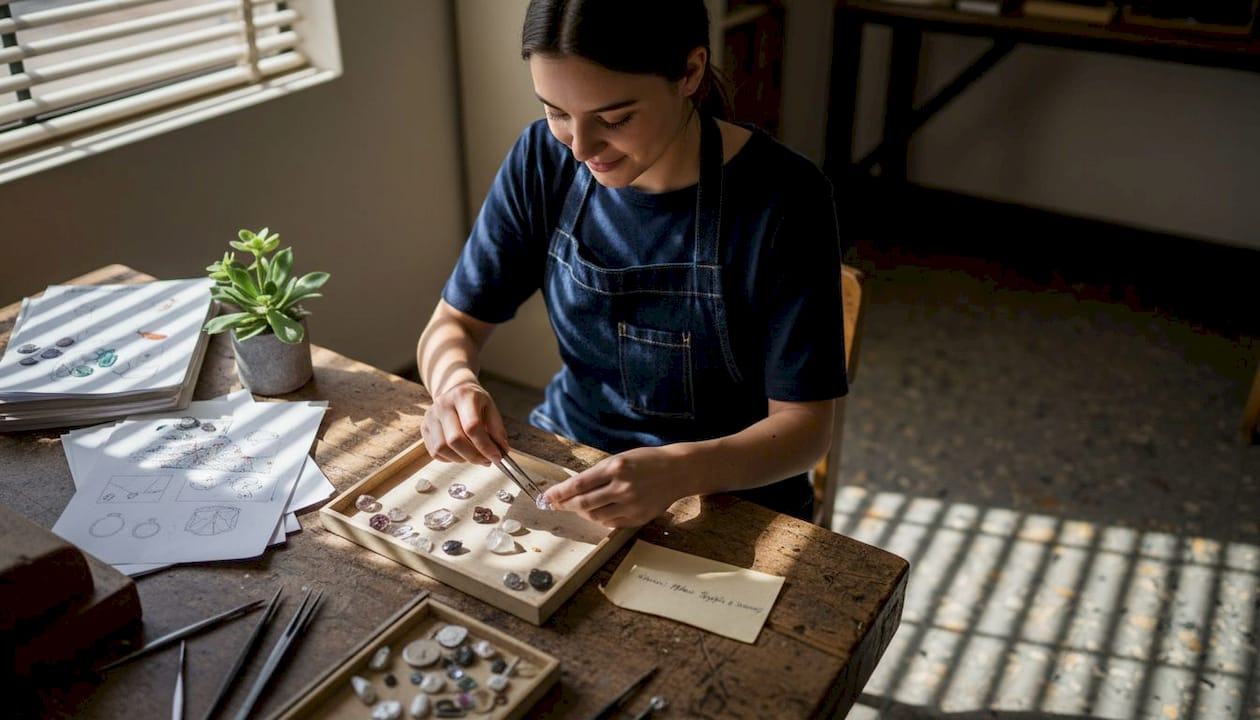 Jewellery designer sorting ethical gemstones