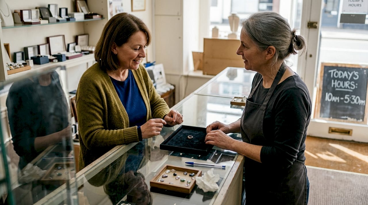 Jeweller and customer discussing ring in shop