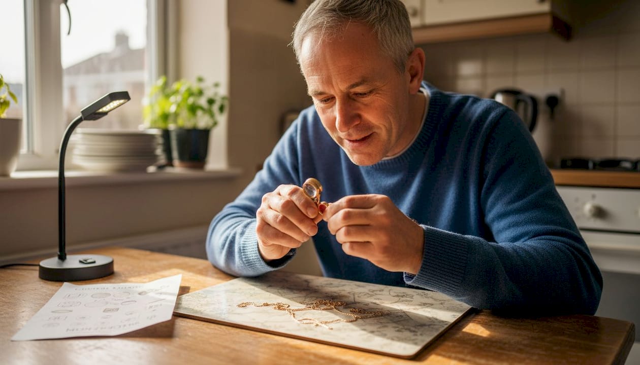 Man inspecting gold ring for hallmark