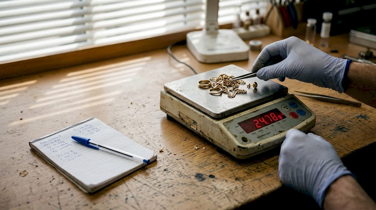 Close-up gold items being weighed for sale