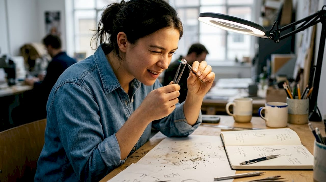 Designer examining moissanite gem at drafting table