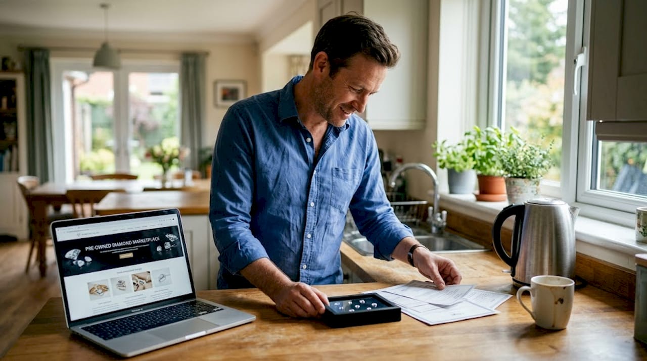 Man inspecting pre-owned diamonds at home