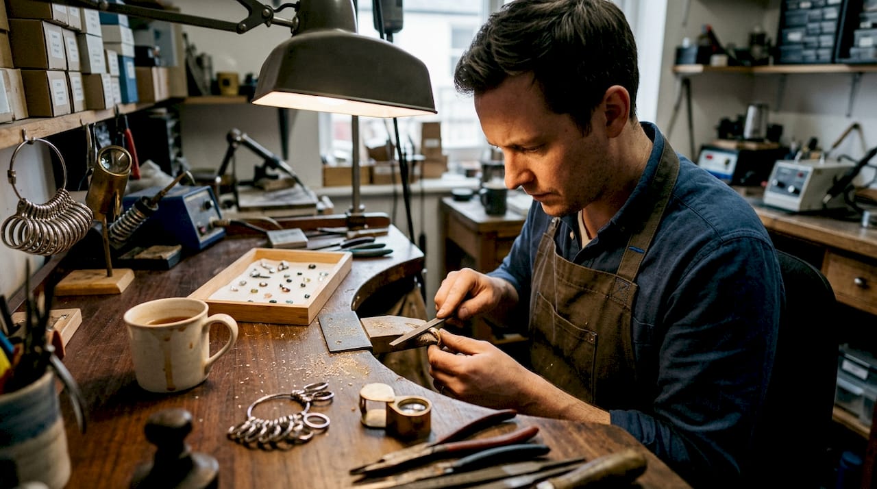 Jeweller crafting ring at busy workshop bench