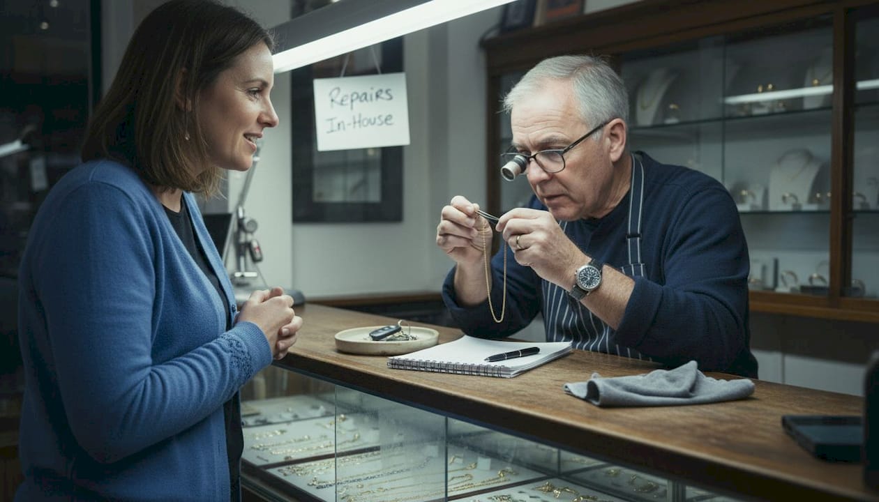 Jeweller and customer during chain inspection