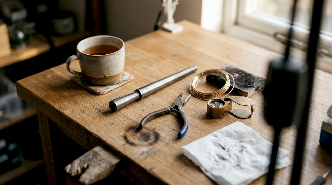 Close-up of ring repair materials on worktable