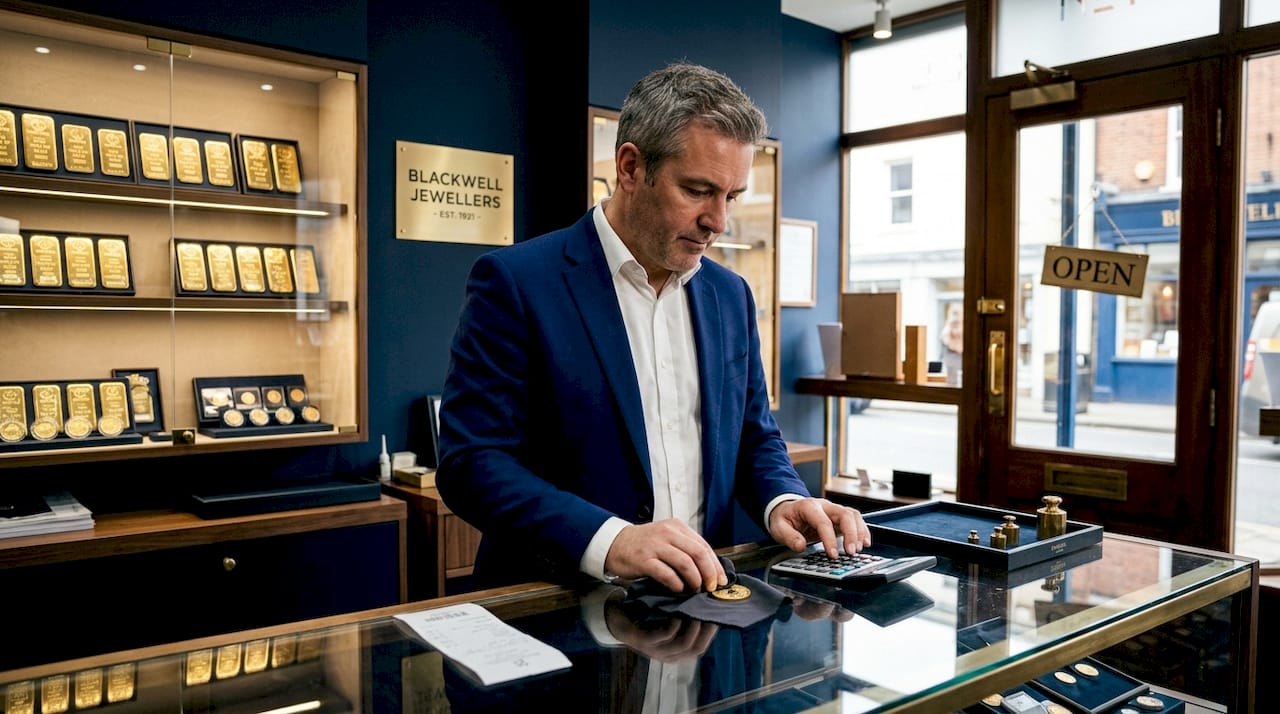 Jewellery dealer weighs gold coin in shop