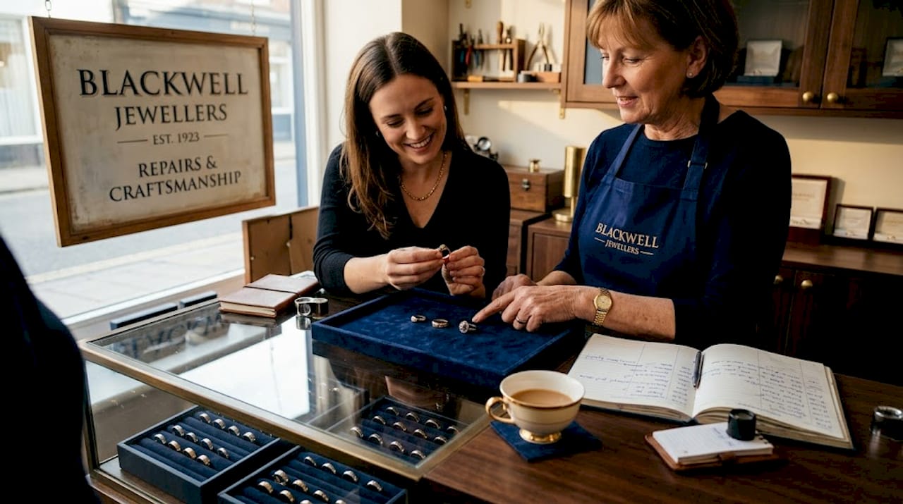 Customer consulting with jeweller in shop