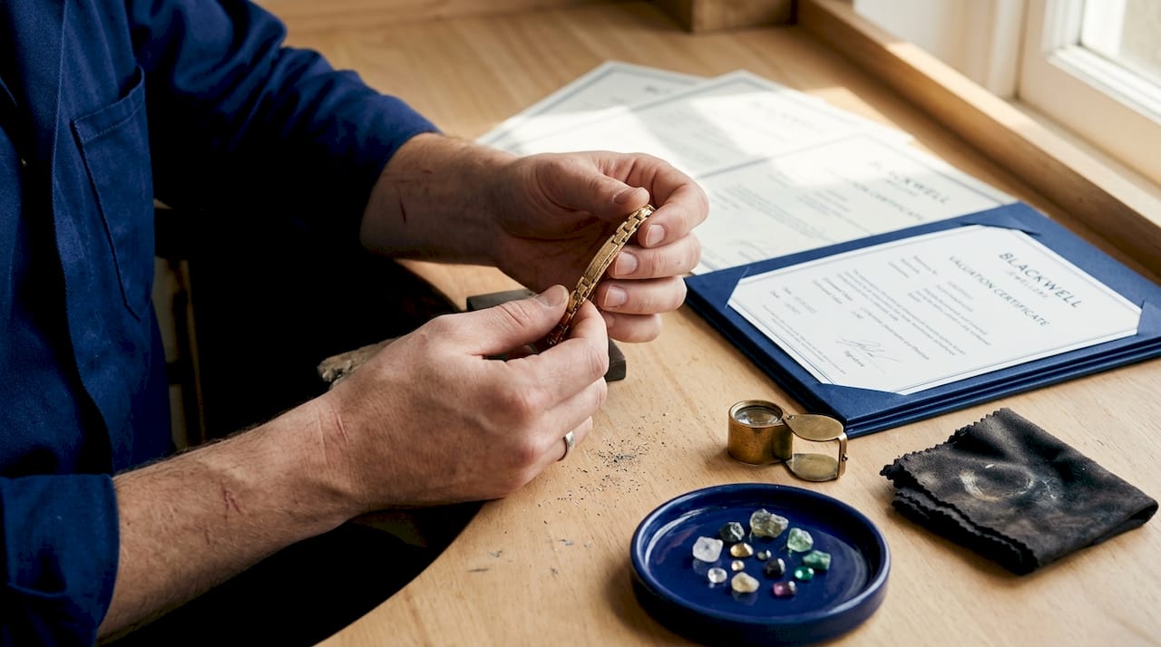 Jeweller’s hands appraising gold bracelet and certificates