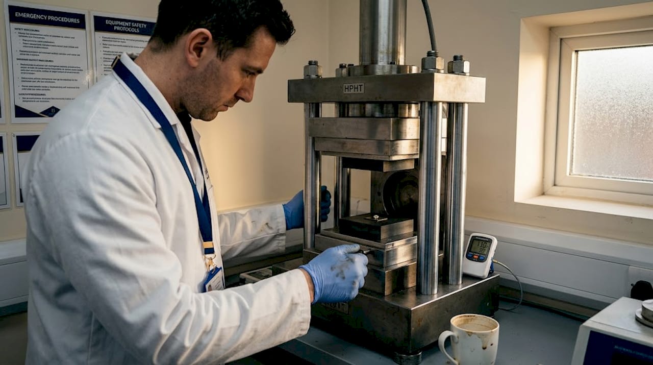 Technician operates HPHT diamond press in lab