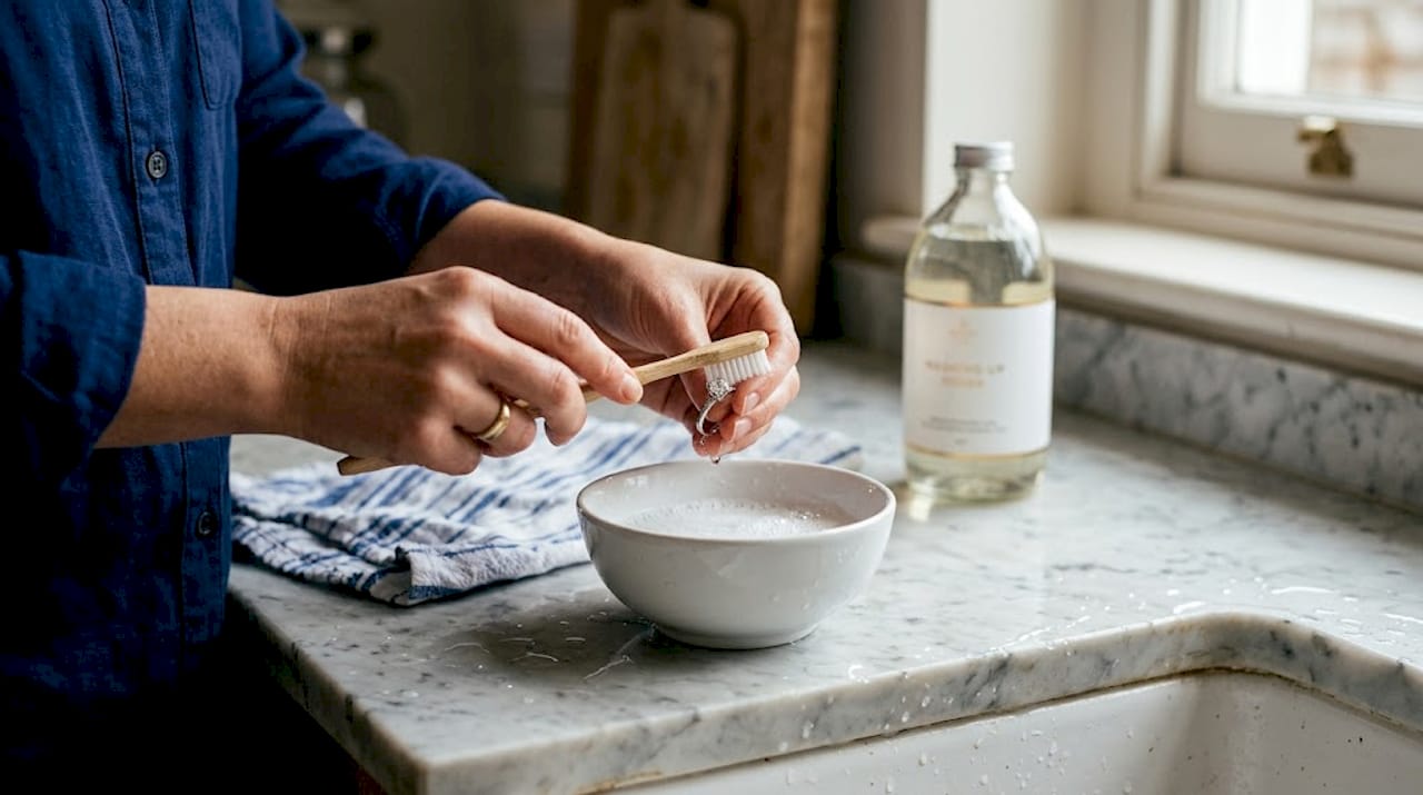 Hands cleaning ring in bowl with brush