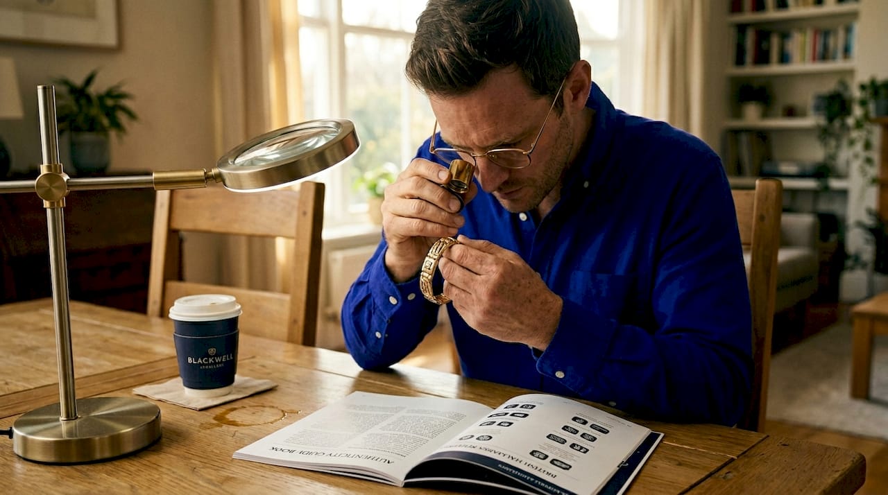 Man inspecting hallmark on vintage gold bracelet