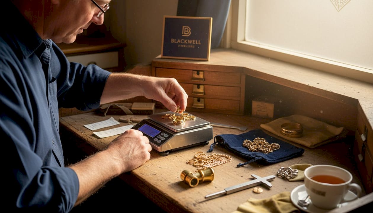 Pawnbroker weighing jewellery for valuation in backroom