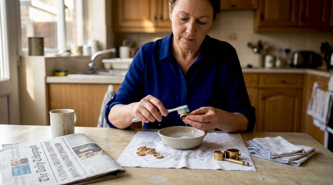 Woman gently cleans gold jewellery at kitchen table
