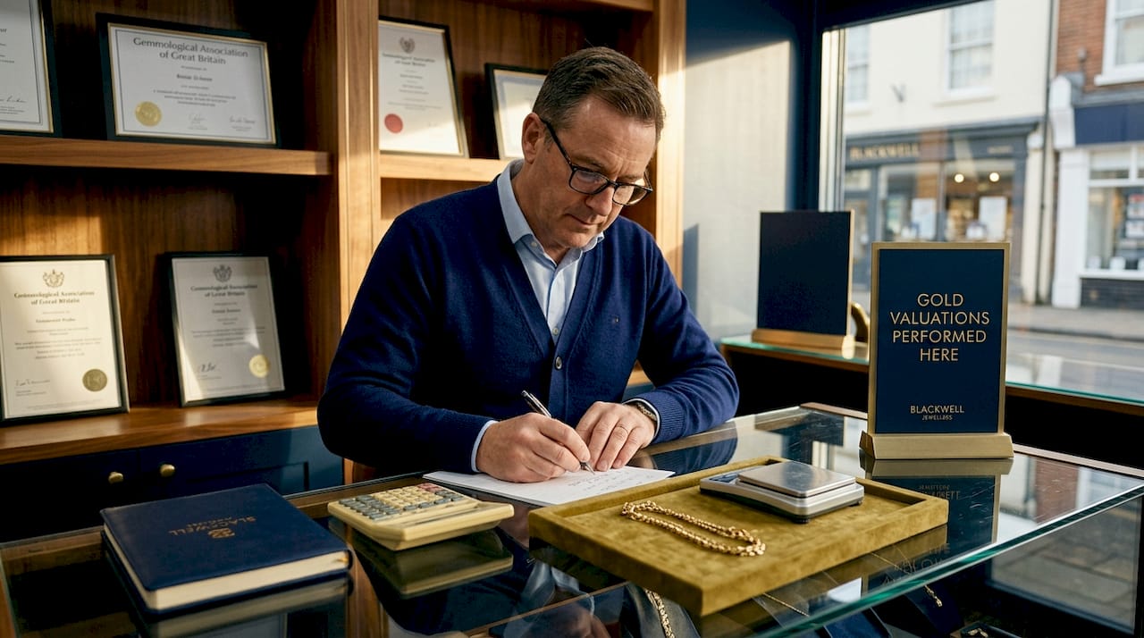 Gold buyer reviewing calculations for sale