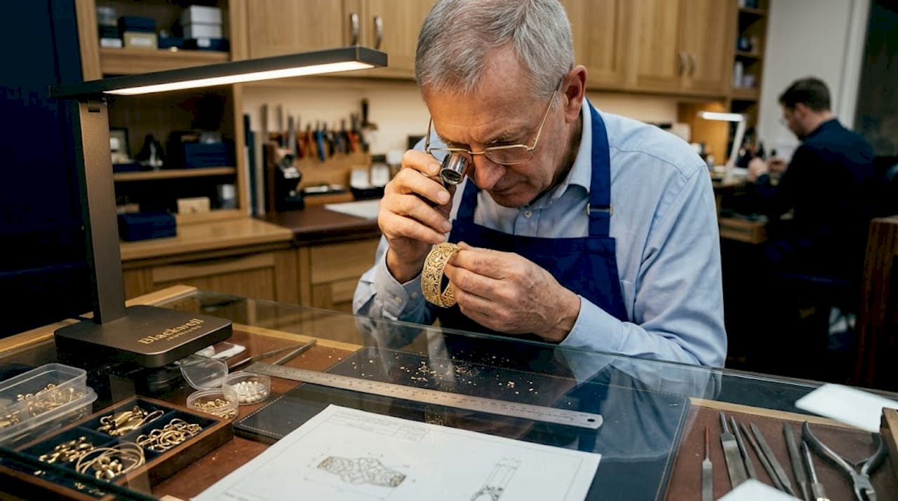 Jeweller inspects gold bracelet with magnifier
