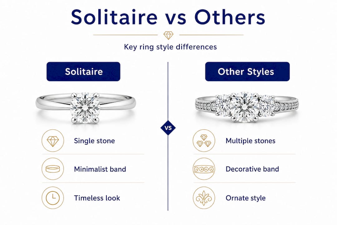 Split infographic contrasting solitaire and other ring styles