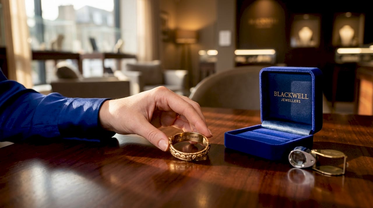 Hand examining hallmarked gold bracelet in shop