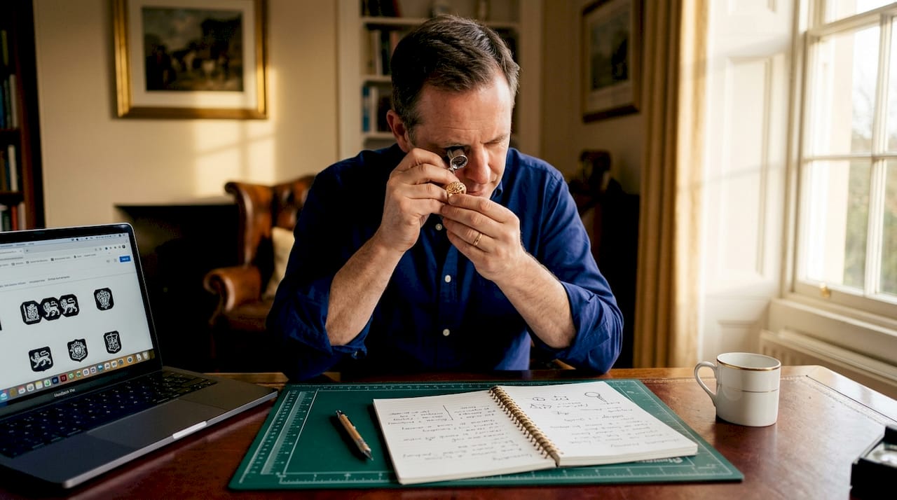 Man inspecting gold ring with loupe at desk
