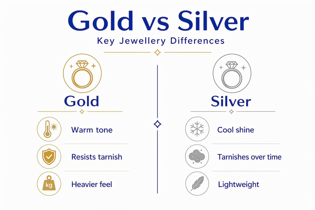 Infographic comparing gold and silver jewellery features