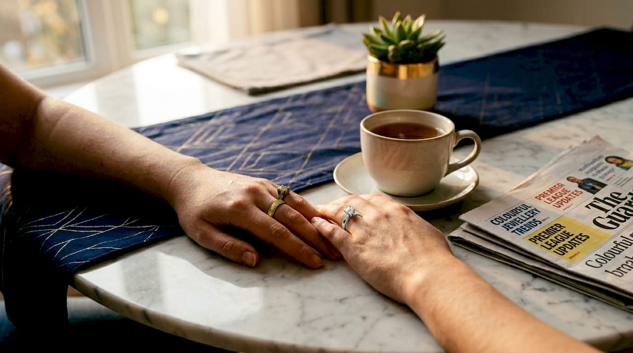 Two hands showing replated and worn white gold rings