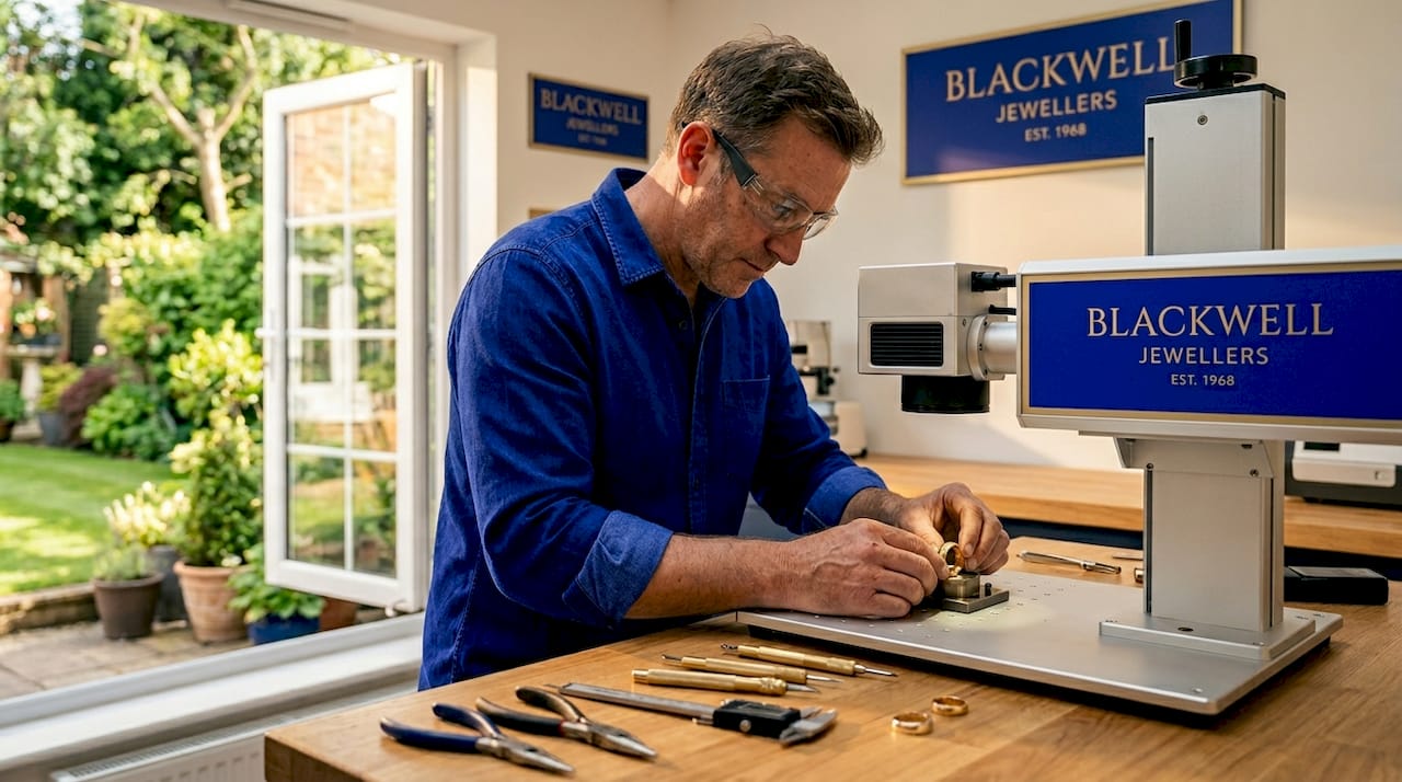 Artisan engraving wedding ring at workshop