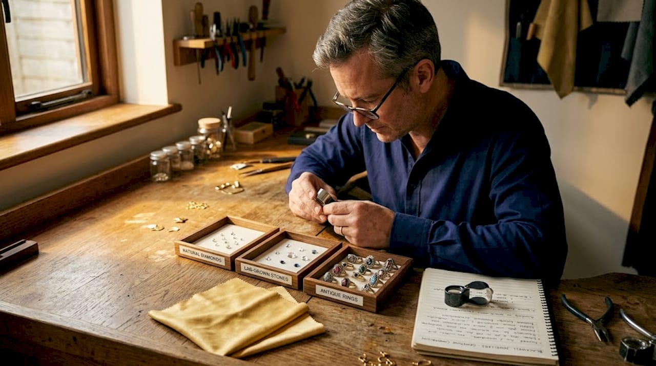 Jeweller comparing diamond types at workbench