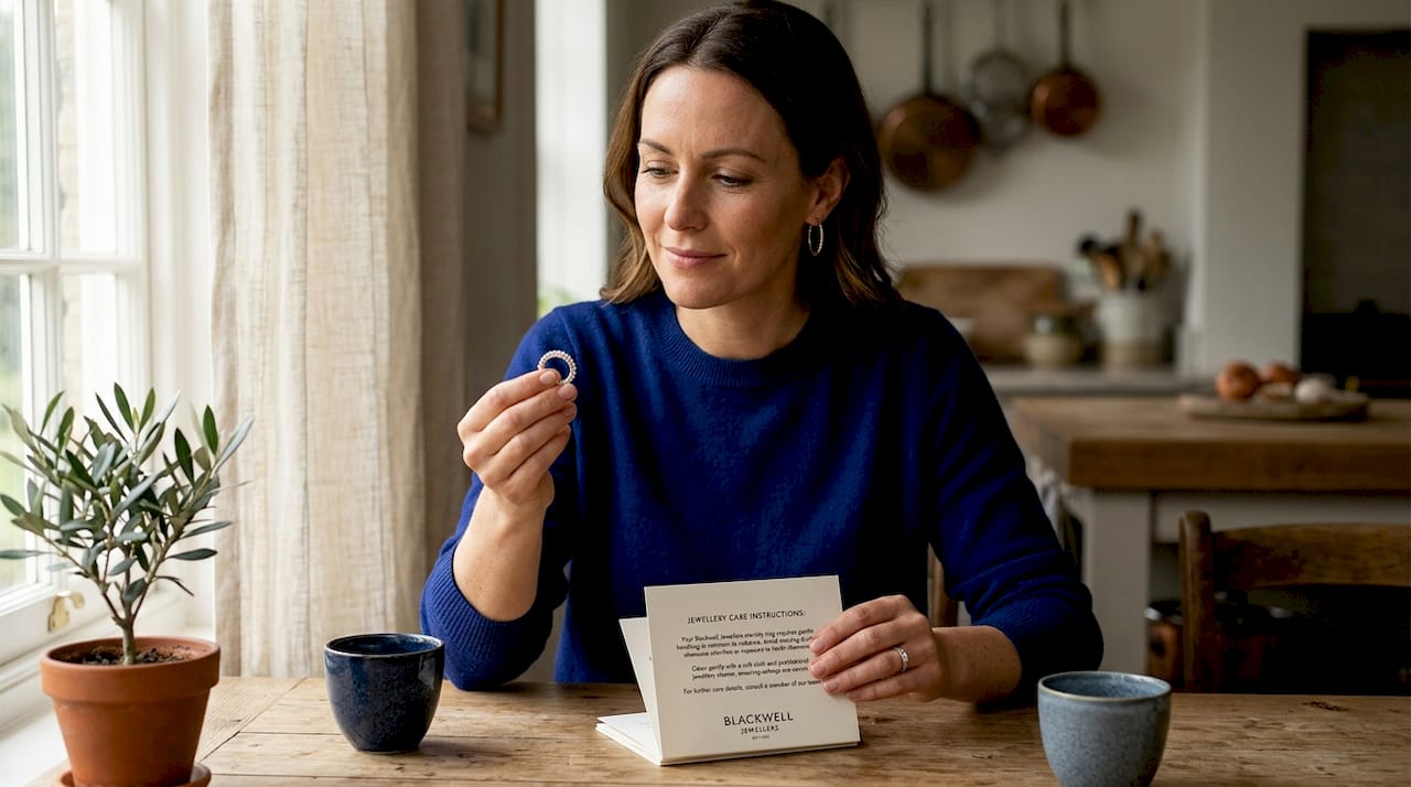 Woman examining full eternity ring