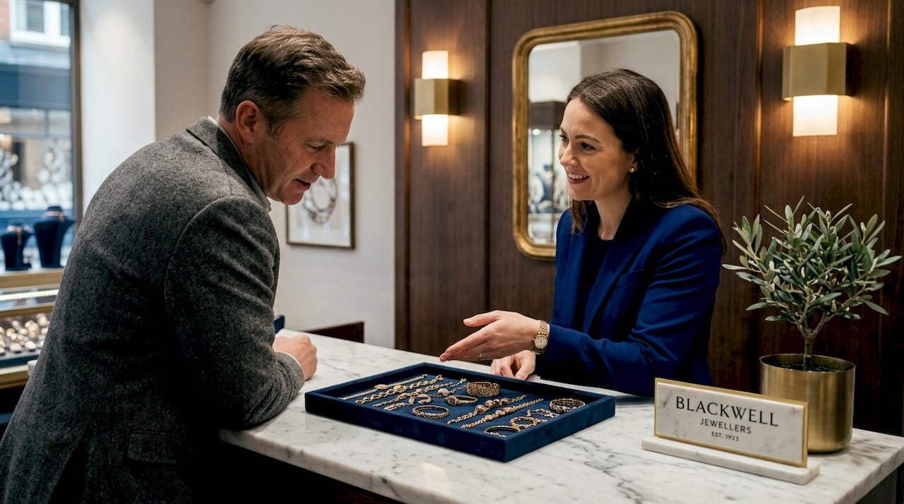 Customer inspects pre-owned gold jewellery at shop