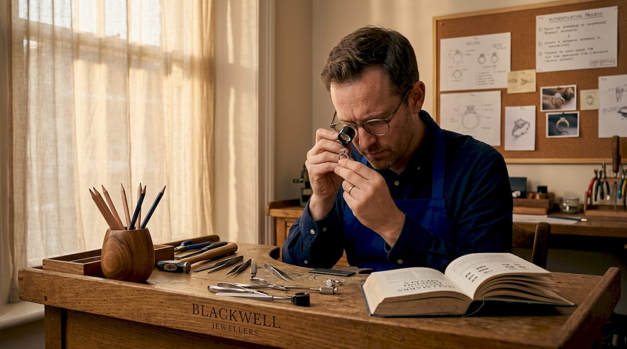 Jeweller inspecting ring for authentication