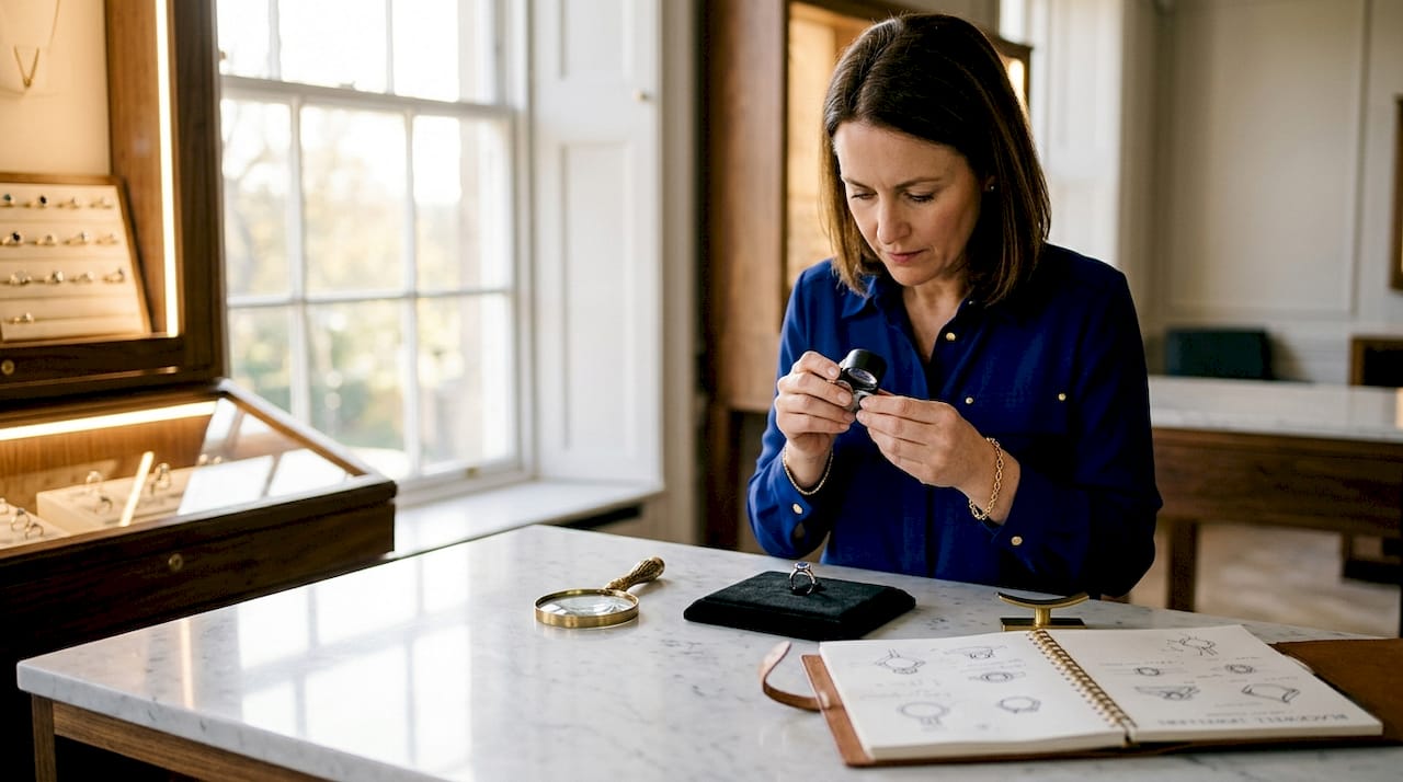 Jeweller inspects bezel-set sapphire ring