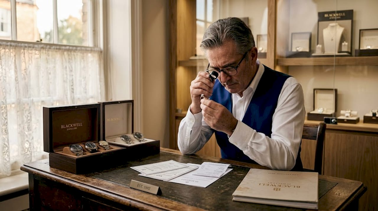 Man inspecting ring at pawnbroker desk