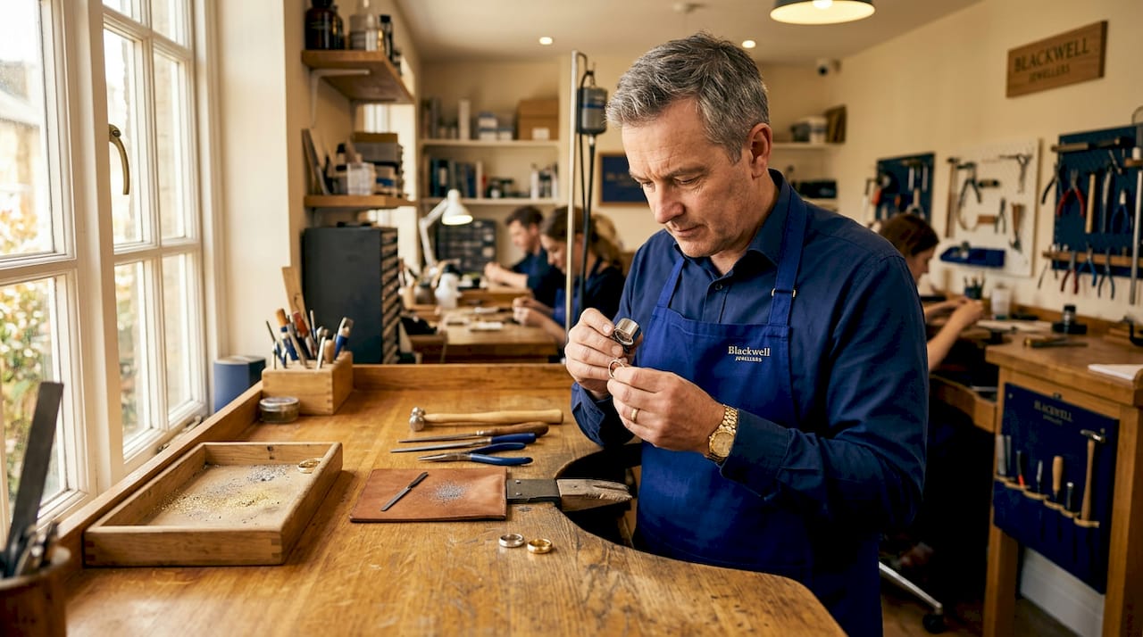 Jeweller comparing wear on platinum, gold rings