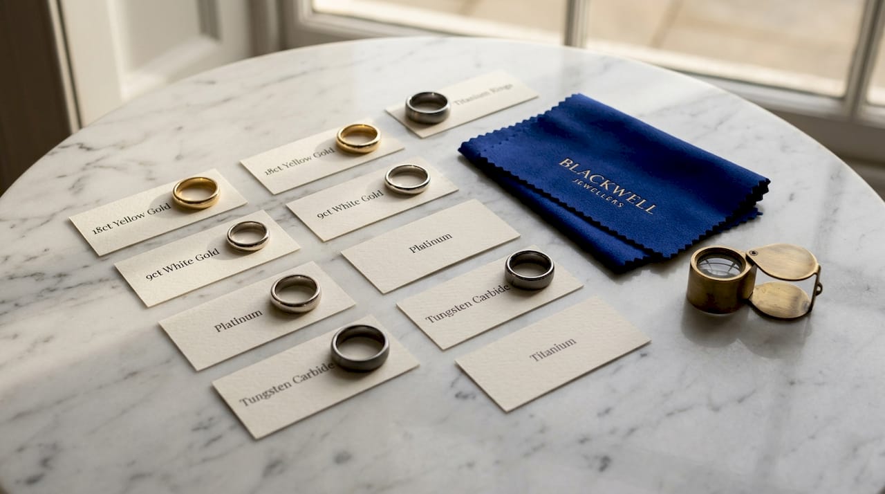 Assortment of wedding ring metals on table