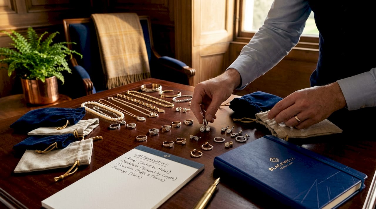 Hands sorting jewellery by type on table