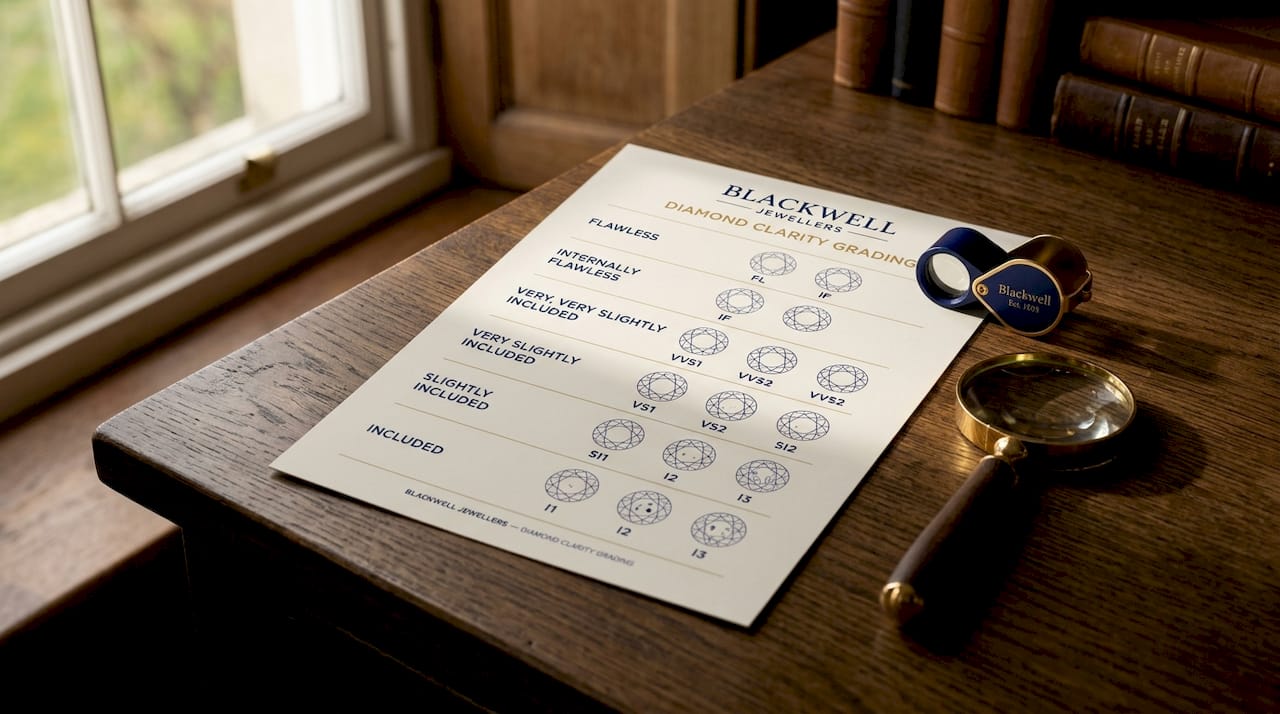 Diamond clarity grading chart with jeweler's tools