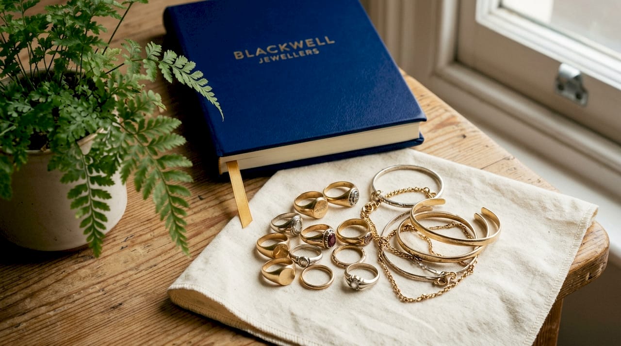 Layered gold and silver vintage jewellery on linen