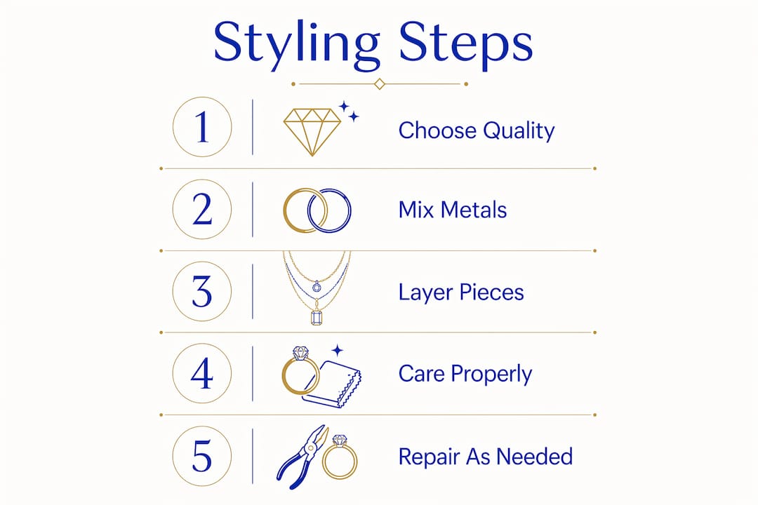 Infographic outlining styling and care steps for second-hand jewellery