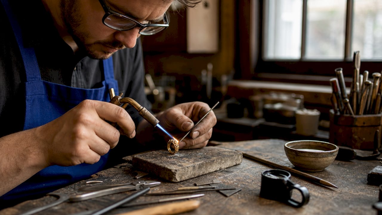 Jeweller soldering prong on vintage ring