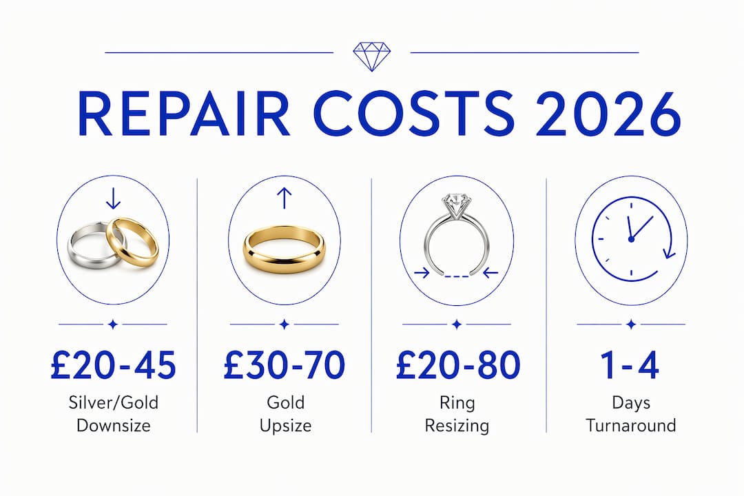 Infographic showing jewellery repair cost ranges in England