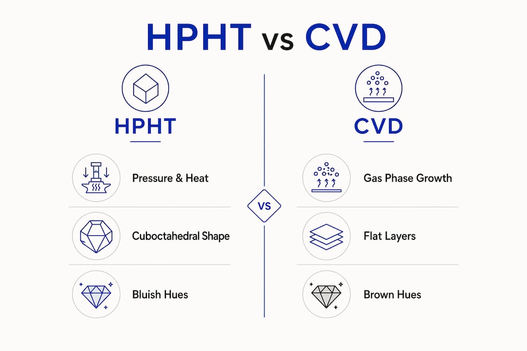 Infographic comparing key characteristics of HPHT and CVD diamonds