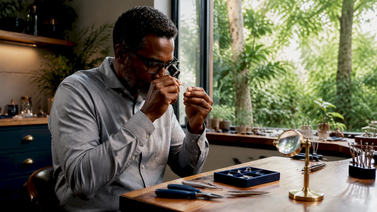 Jeweller inspecting diamond ring with loupe