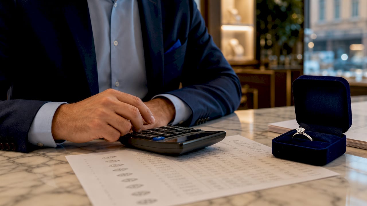 Hands comparing diamond price charts at desk