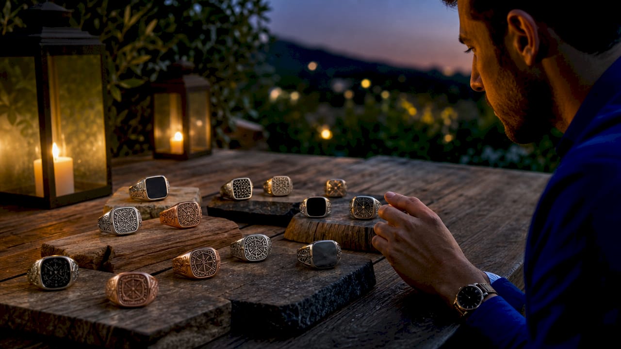 Varied signet ring styles and materials on table