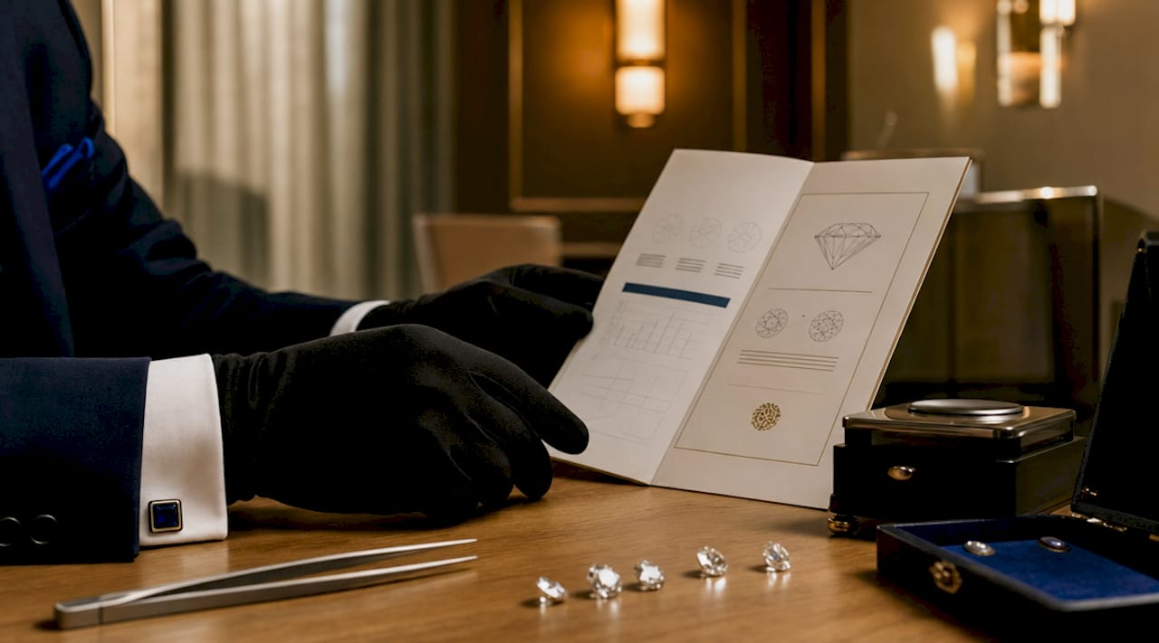 Gemologist hands reviewing diamond grading report
