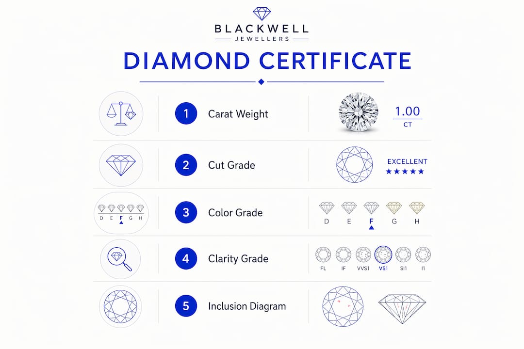 Infographic illustrating main components of a diamond certificate