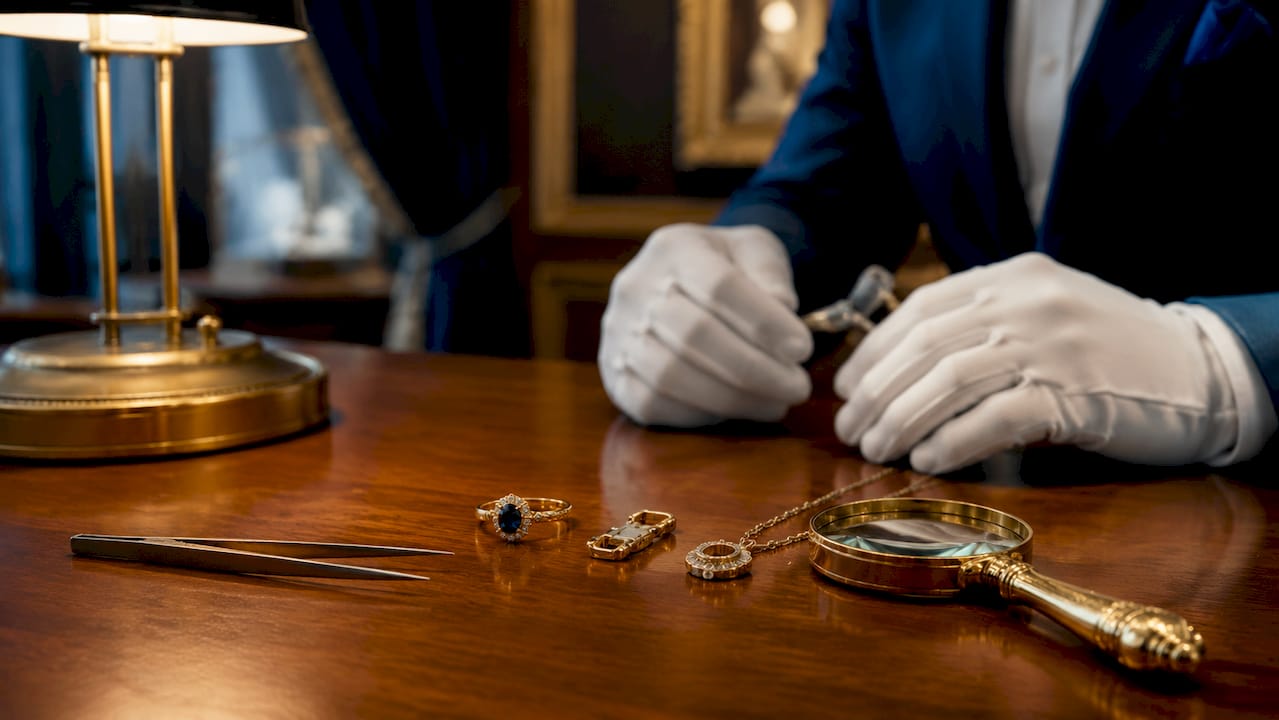 Overhead view of jewellery pieces with visible damage