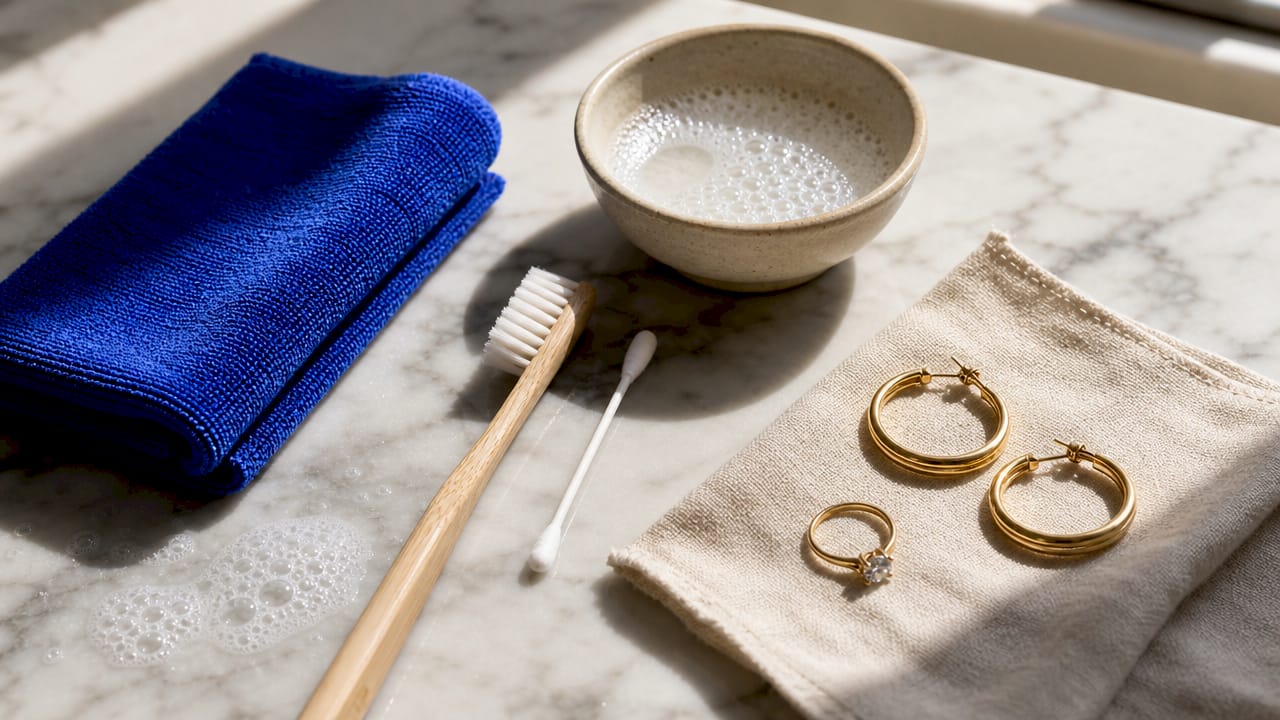Jewellery cleaning tools flat lay with gold and diamond pieces