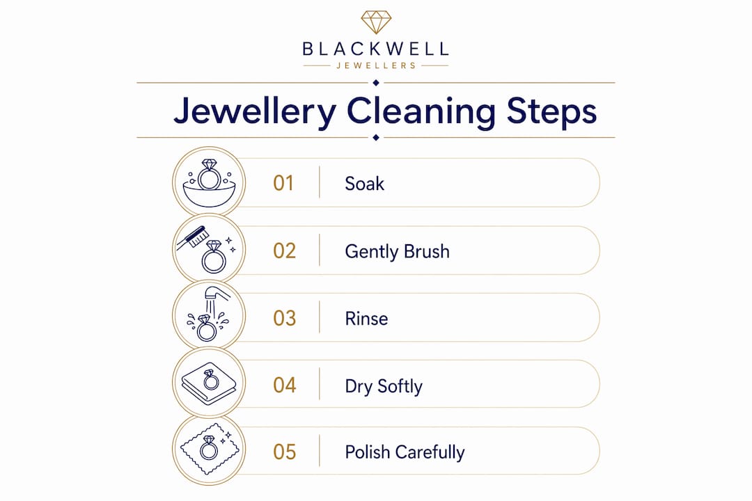 Infographic showing five safe jewellery cleaning steps