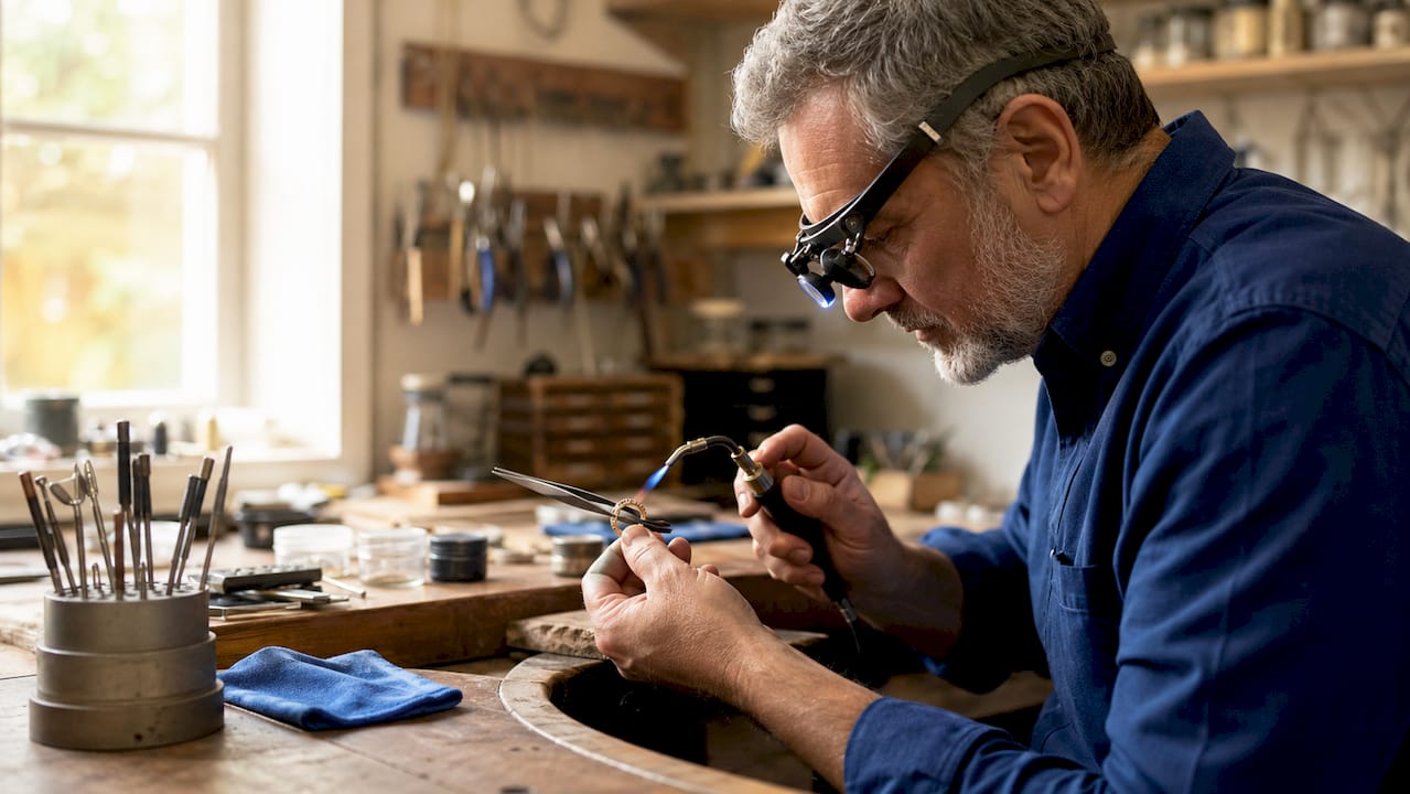 Jeweller repairing a gold ring by hand